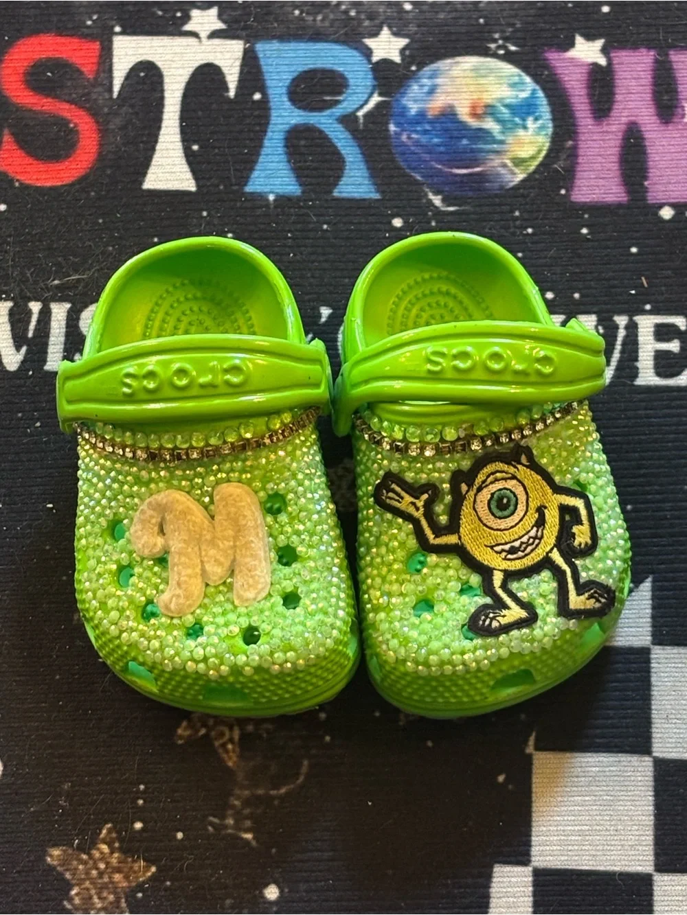 CROCS Kids' Lime Green Jeweled Clogs with Monster Patch